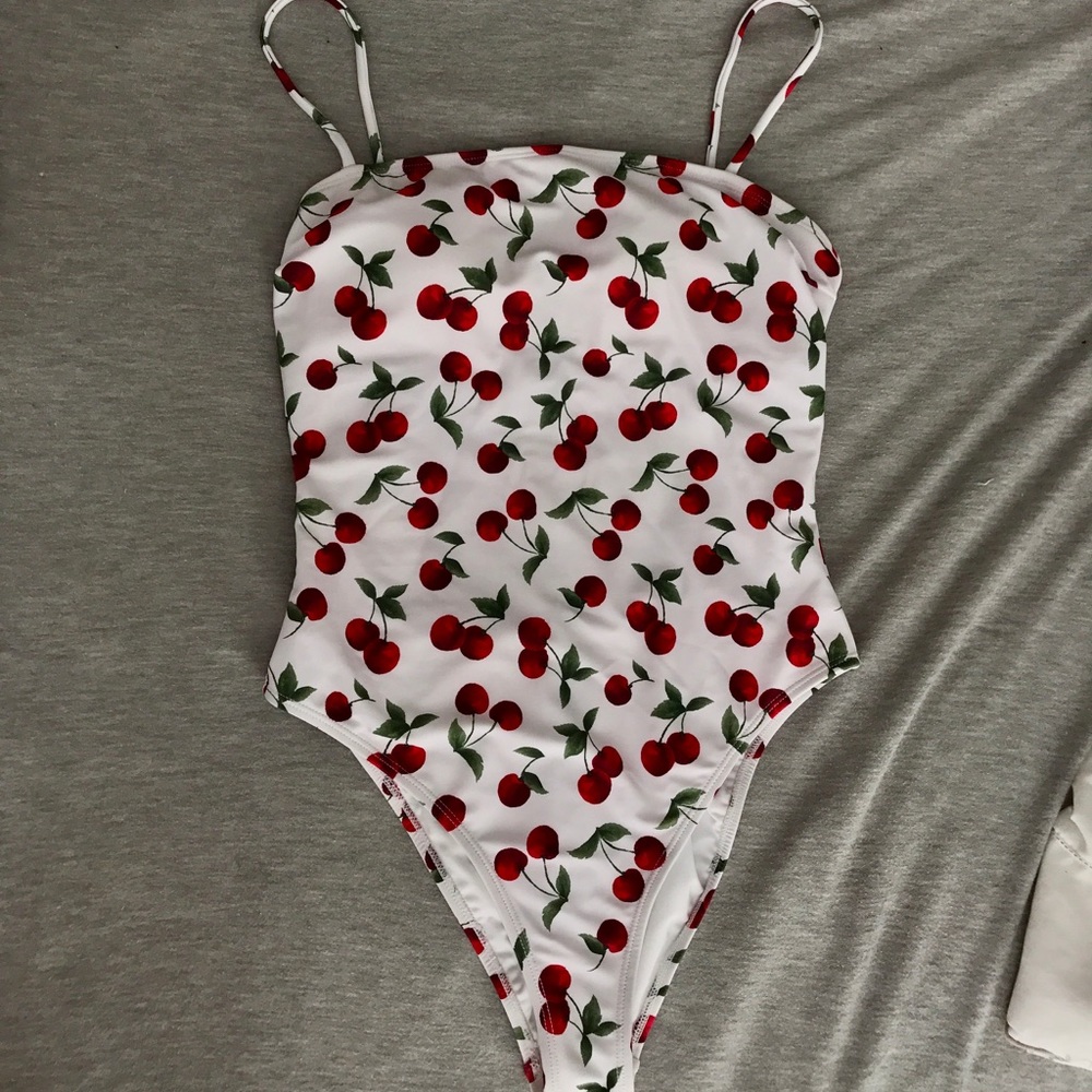 White Cherry One Piece Bathing Suit, S